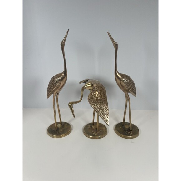 Vintage brass Birds Crane Egret Heron Lot Family Set Three MCM - Picture 1 of 15